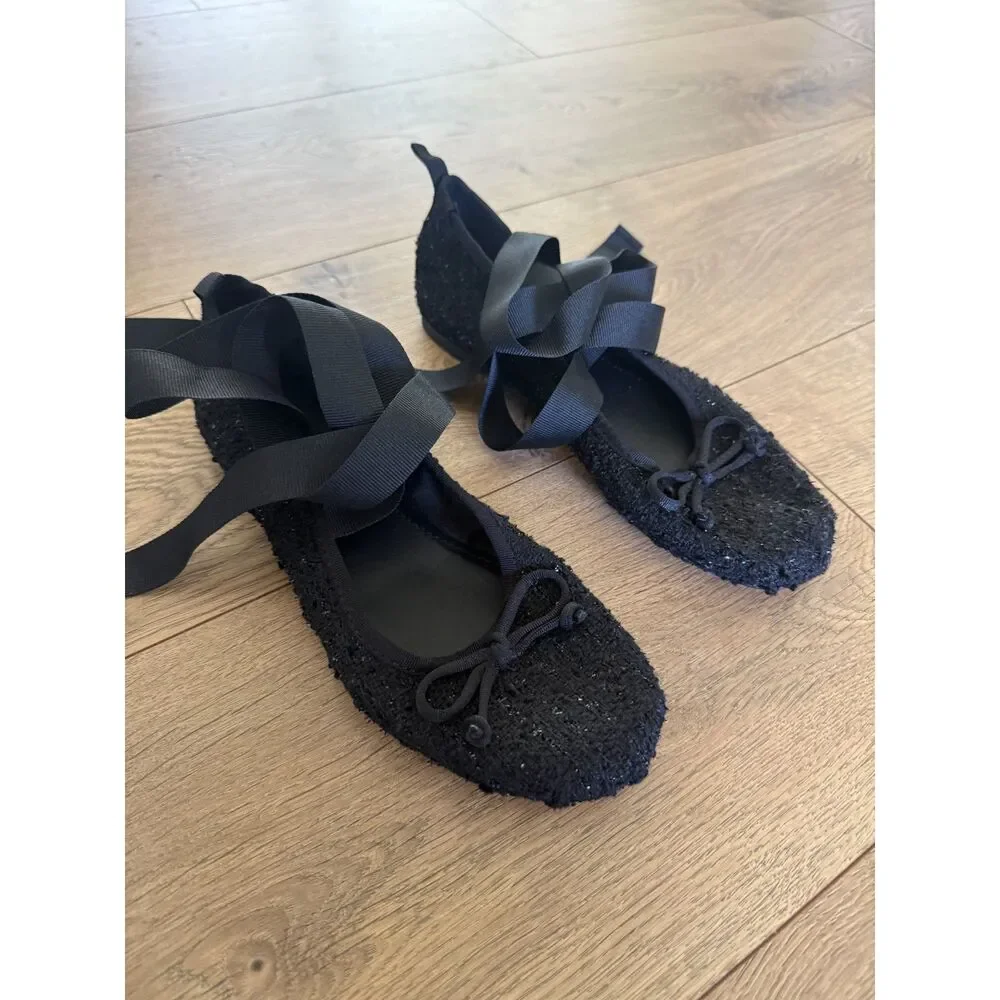 ZARA 36 nwot womens black ballet flat slipper lace ankle tie shoe tweed ribbon